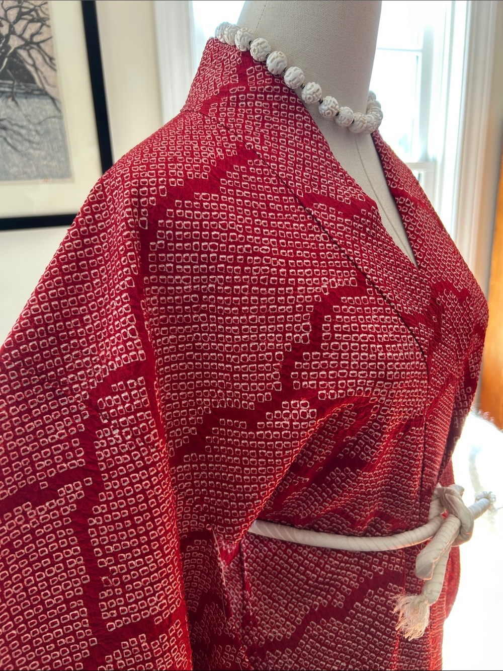 Stunning Vintage Silk Haori Kimono Jacket – Crimson & White Kanoko Shibori - Picture 10 of 14